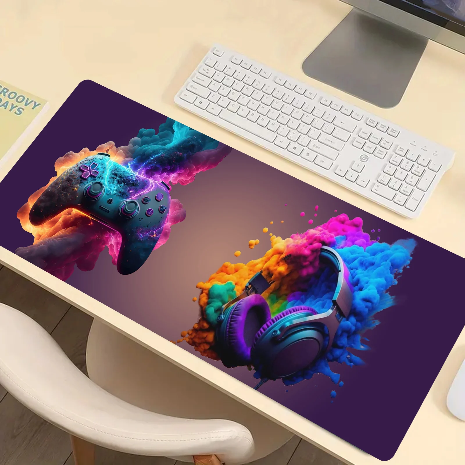 Gamepad Headphones Mouse Pad Desk Pad Mouse Mat for Keyboard, Gift Mouse Pad with Anti-Slip Rubber Base, Extended Desk Mat