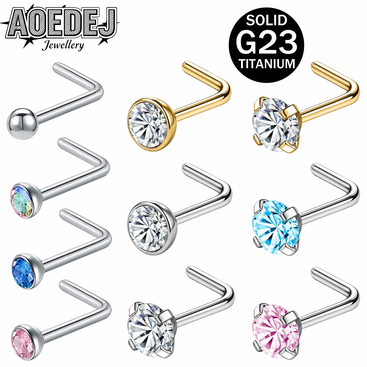 AOEDEJ ASTM F136 Titanium 20G 1 PC-5pcs/lot Nose Studs 1.5/2/2.5/3MM CZ Crystal Nose Piercing I/L/S Shape Nostril Piercings Set