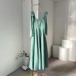 Women's Green White Striped Sleeveless Square Collar Midi Dress Chic and Elegant Woman for 2024 New Summer Dresses