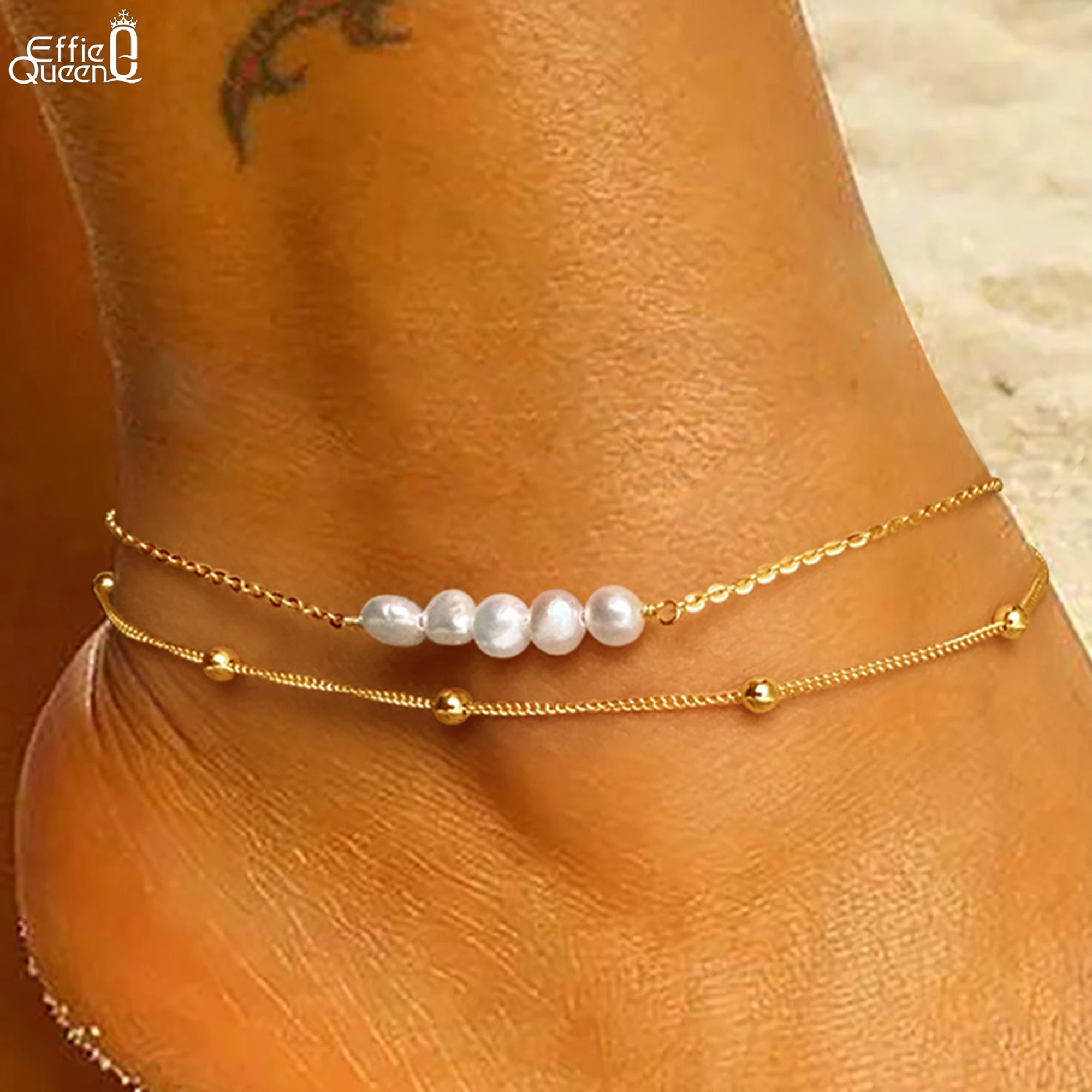 

Effie Queen Bohemia Multilayer Natural Baroque Pearls Bead Anklet Fashion 925 Silver Sandy Beach Ankle Chain On Leg Jewelry SA50