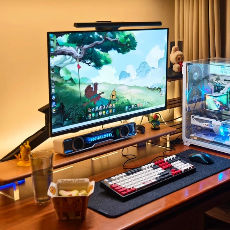 

‌ Подставка для монитора с регулируемой высотой, стойка для дисплея из массива дерева, плавающая акриловая полка, светодиодный декор стола, эргономичный компьютерный аксессуар