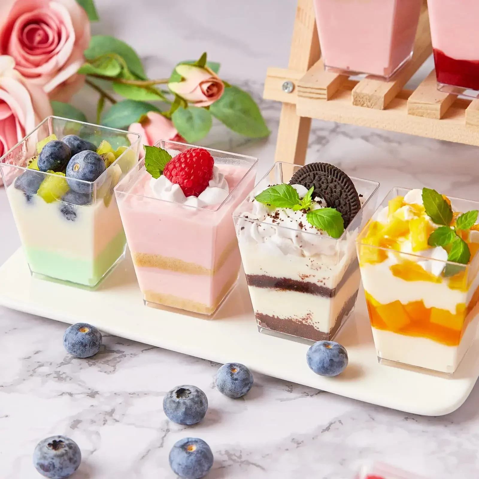 50Pcs Disposable Plastic Mousse Cup Ladder Shaped Cup Pudding Cup Dessert Cake Cup Appetizer Jelly Yogurt Mousse Baking Cup