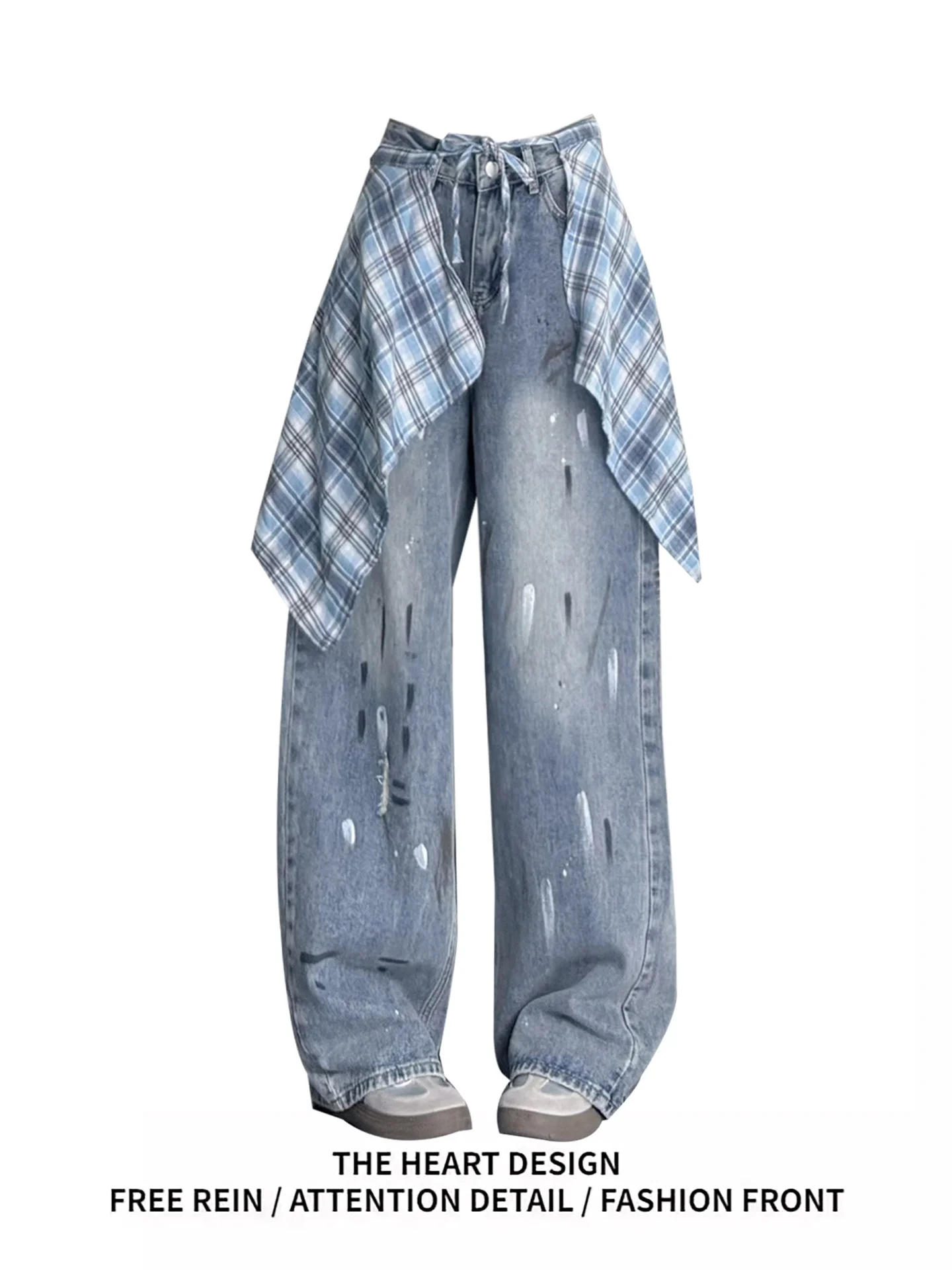 

American Sle Faded High Waist Wide Leg Jeans Women's Autumn Street Sle Casual Waed out Distred Denim Trousers