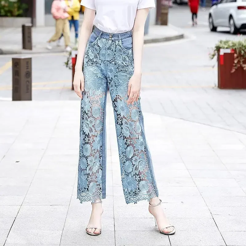 

High Waist Pantalones Lace Patchwork Hollow Out Fashion Elegant Jeans for Women All Match Casual Loose Summer Pants