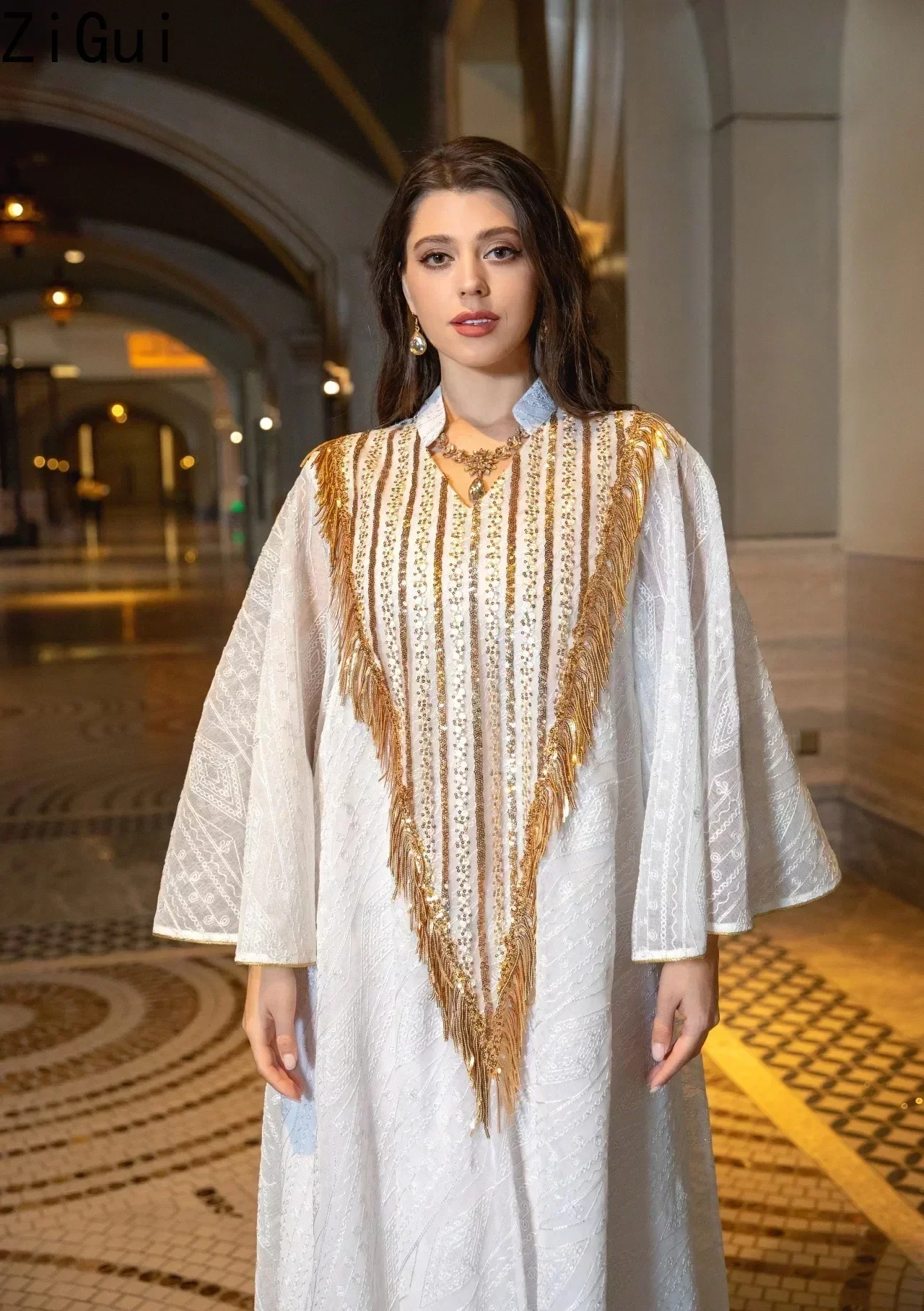 Caftan Moroccan Dress Flare Sleeve Embroidery Chiffon Lace Sequins Tassel Dubai Luxury Dresses Saudi Arabia Muslim Evening Gown