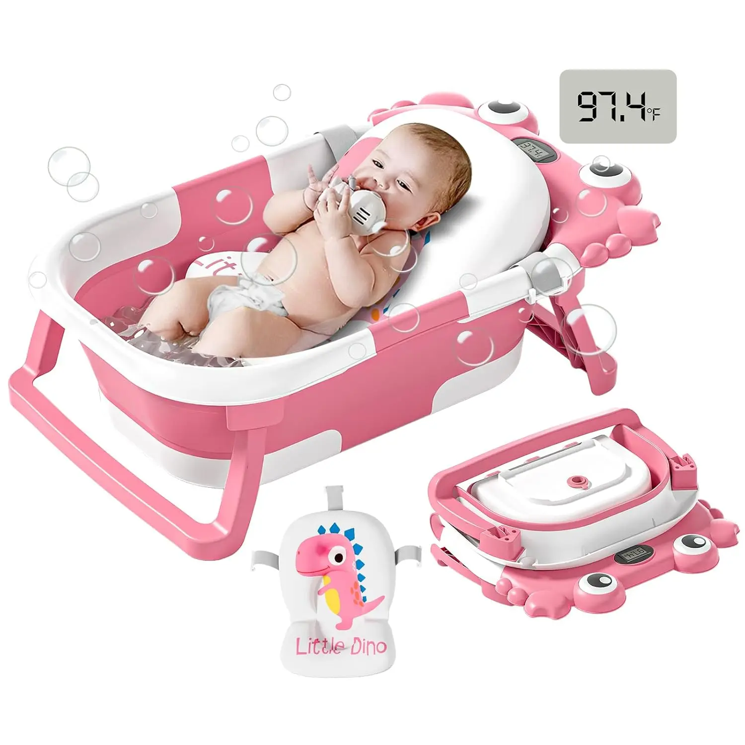 

Collapsible Baby Bathtub with Temperature Monitor & Floating Cushion, Portable Travel Tub for Newborns to Toddlers