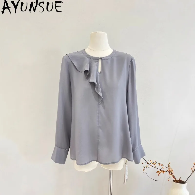

AYUNSUE 100% шелковые женские блузки и рубашки из тутового шелка, французская однотонная блузка, элегантные весенние топы для женщин, одежда, рубашки
