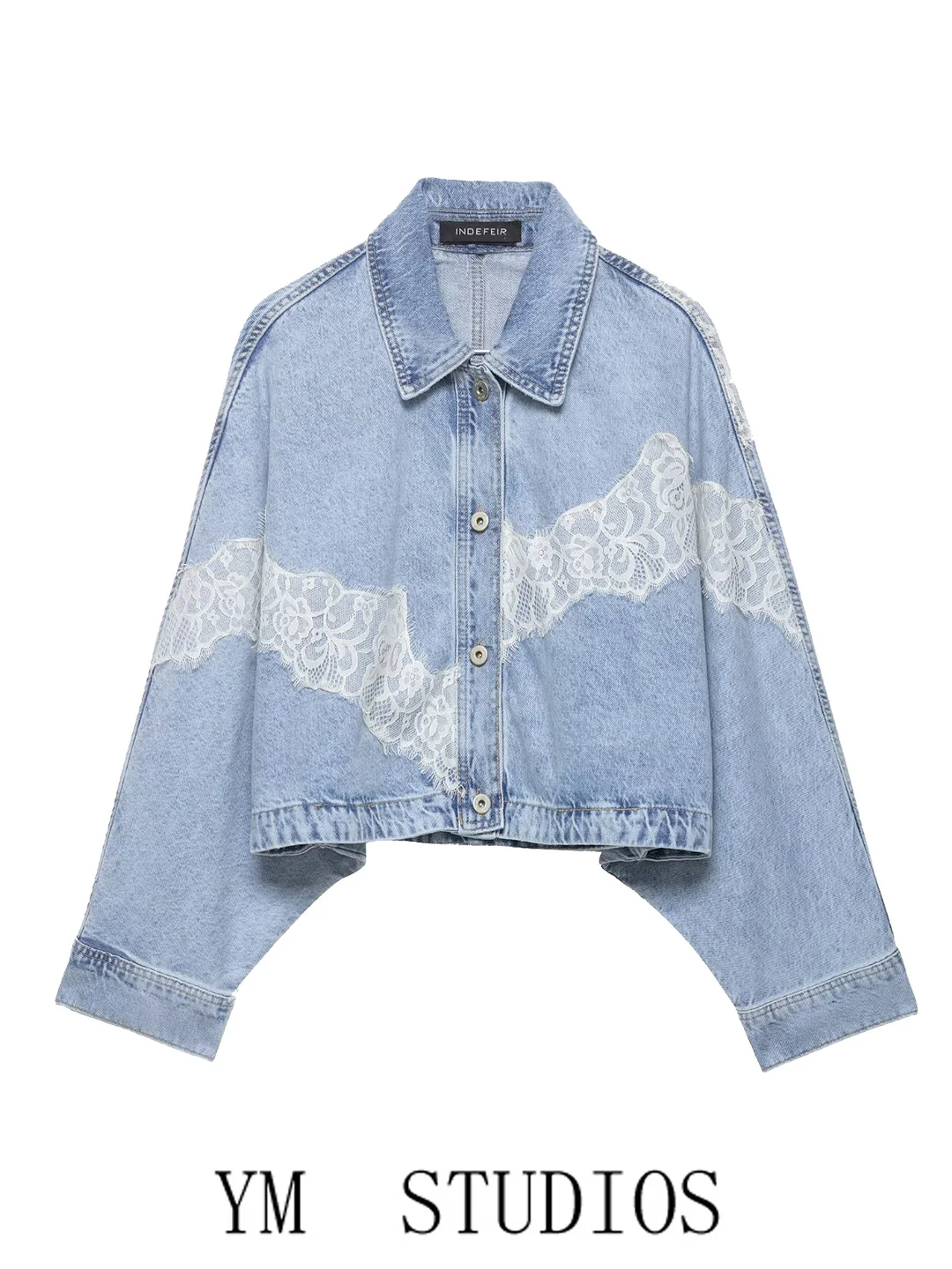 American Style Short Lace Splice Loose Women's Denim Jacket Stand Collar Versatile Outerwear for Autumn Fashion Ladies' Coat