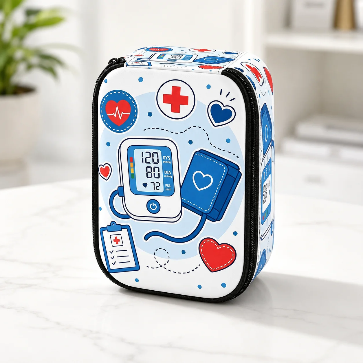 Cute White Heart Blood Pressure Monitor Carrying Case, Padded Zipper Organizer Bag for Seniors, Home Care, Clinic and Travel