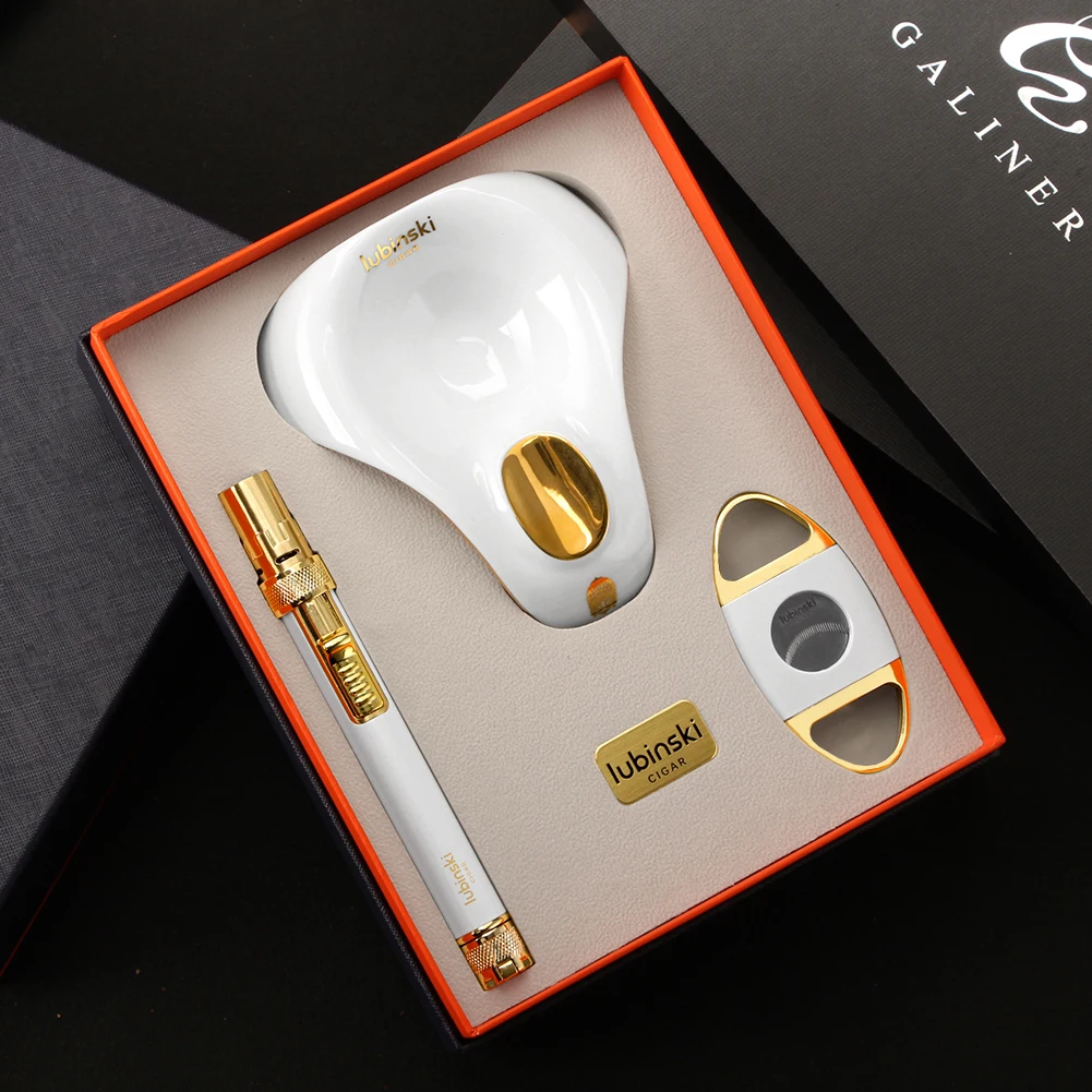 LUBINSKI Ceramic Cigar Ashtray Metal Butane Gas Torch Lighter Cutter Portable Cigar Set with Exquisite Gift Box for Smoking view 5