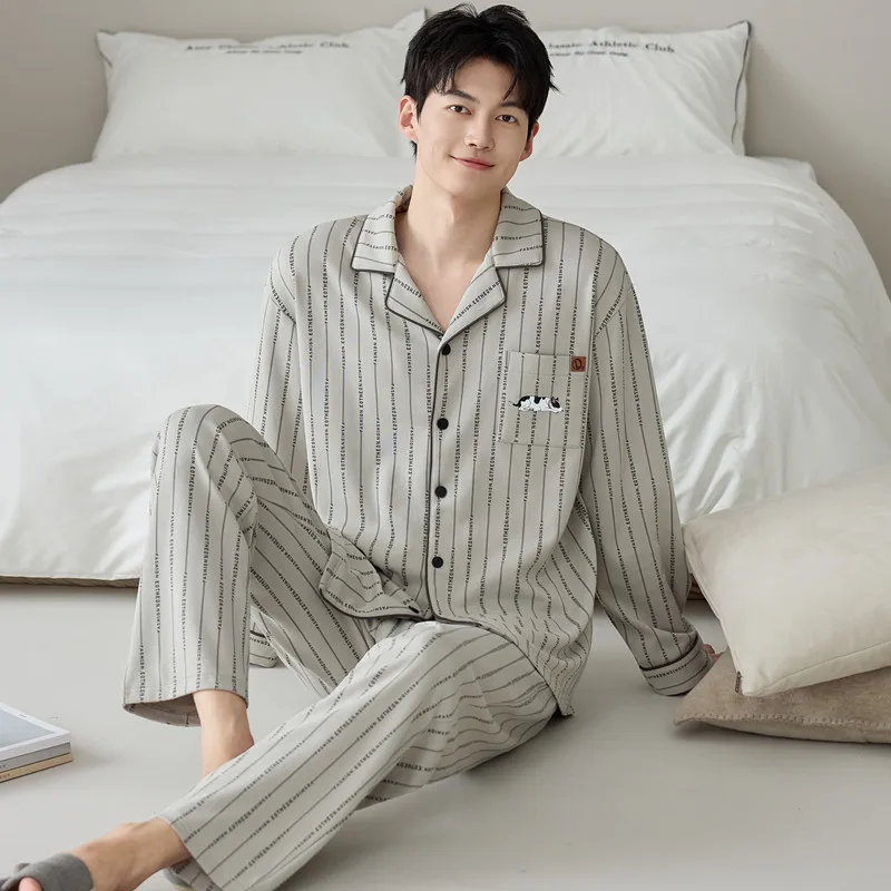 2025 Autumn Men's Cotton Pajamas Set Cardigan Turn Down Collar Sleepwear Male Plus Size L-4XL Pjs Pyjamas Hombre Dropship