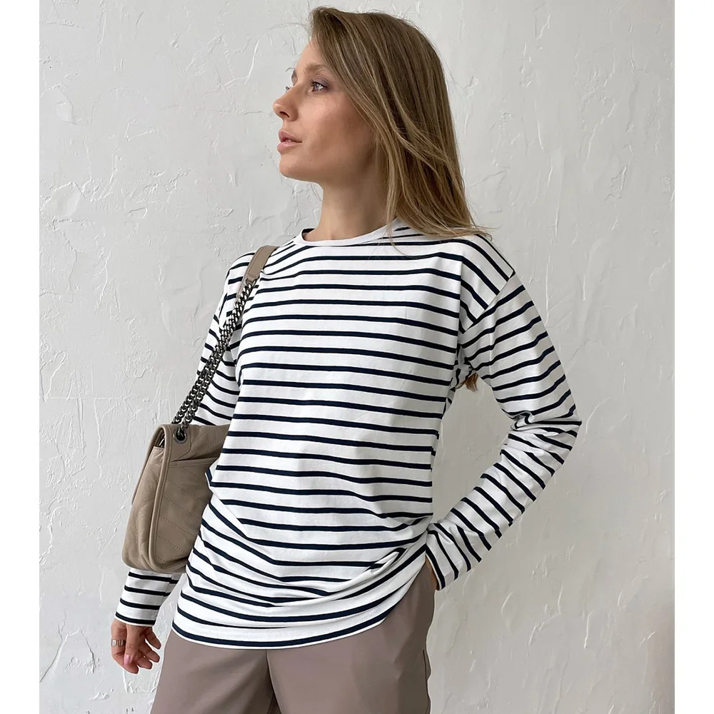 

Long Sleeved 2024 Spring Fashion Trend Versatile Casual Round Neck Pure Cotton Striped T-Shirt