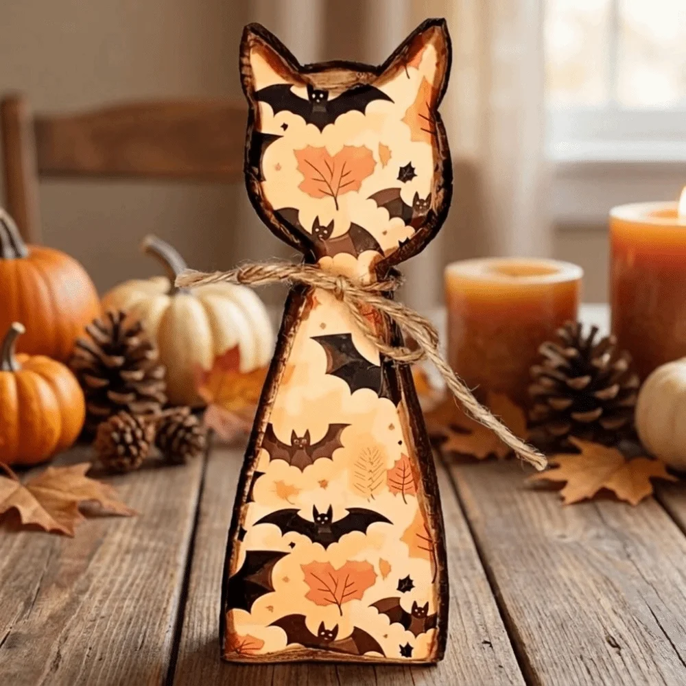 Vintage Wooden Cat Shaped Tray Double Sided Pattern Cartoon Pumpkin Ghost Bat Ornament Rustic Style Cat Statue