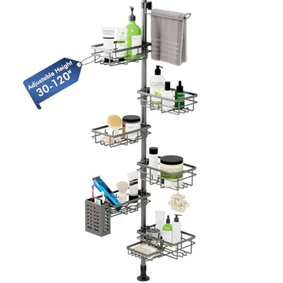 

Corner Shower Caddy Tension Pole 30-120 Inch Adjustable Shower Organizer 6-Tier Shower Shelves with Towel Rack Toothbrush Holde