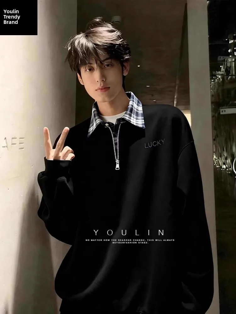 

Black Splice Zipper Long Sleeve Shirt Men's Spring Fashion American Style Half Zipper Hoodie Contrast Color Block T-Shirt