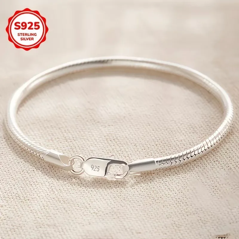 

925 Sterling Silver Couple 3/4mm Snake Chain Bracelet Women Luxury Dinner Party 0 Bracelet Jewelry Gift