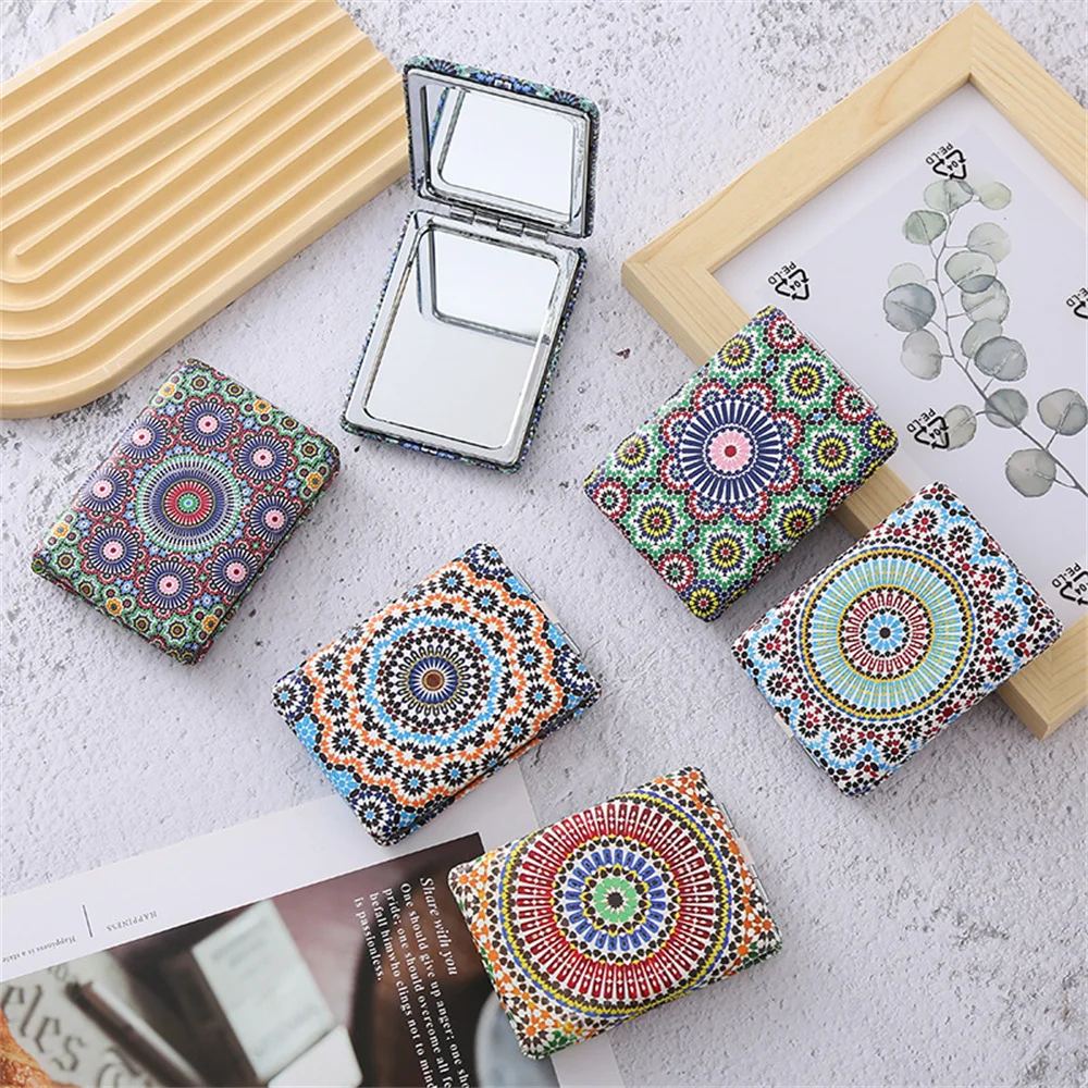 Bohemian Printed Makeup Mirror Portable Double-Sided Folding Cosmetic Mirror Pu Pocket Handheld Mirrors Ladies Makeup Tools