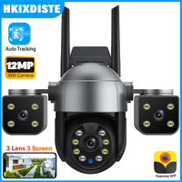 Wireless Black 6K 12MP IP Camera WIFI Outdoor Three Lens 3-Screens PTZ IP Camera 4K 8MP Auto Tracking Video Surveillance Camera