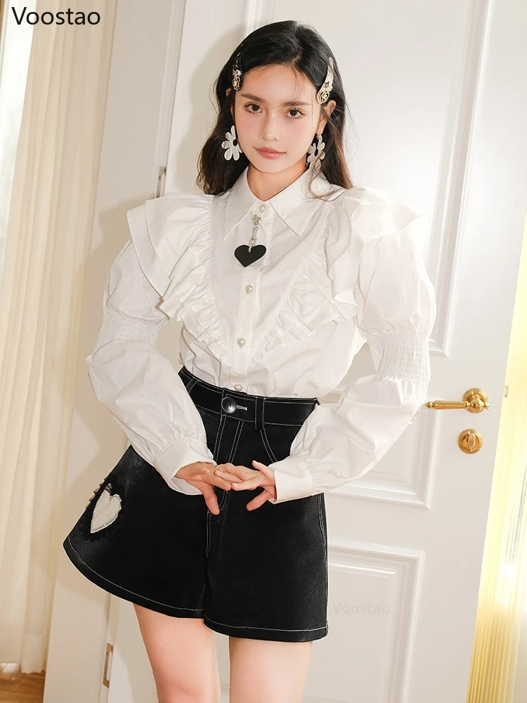 Elegant Vintage Y2k White Shirts Women Korean Chic Ruffles Heart Shape Pendant Puff Sleeve Top Female Sweet Clothes Blusas Mujer