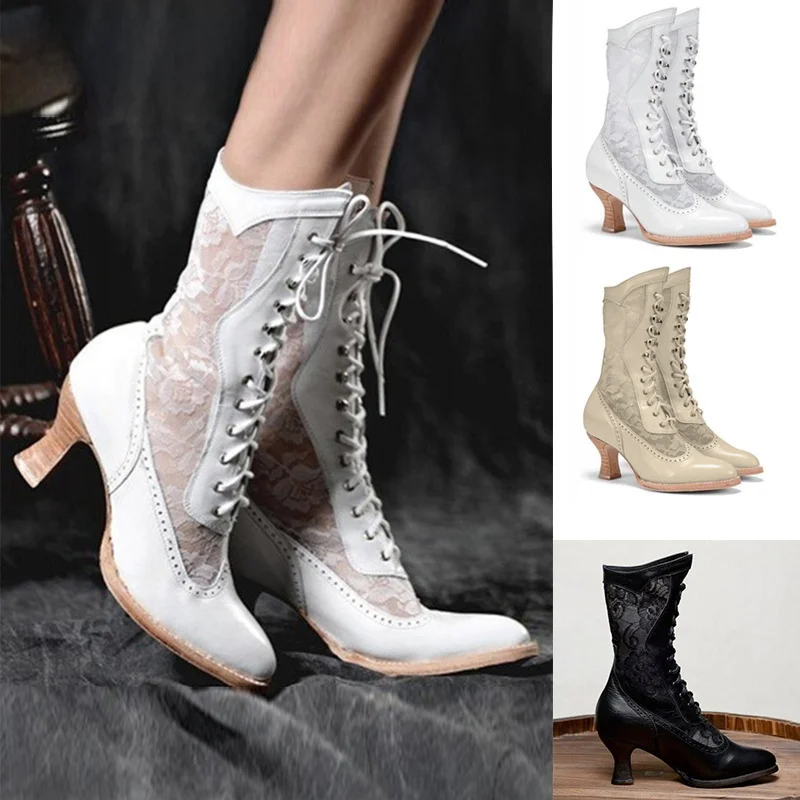 

Женские модные полусапоги с кружевными вставками, заостренным носком, на среднем каблуке, осенне-зимние, в британском стиле, с сетчатой подкладкой, резиновая подошва