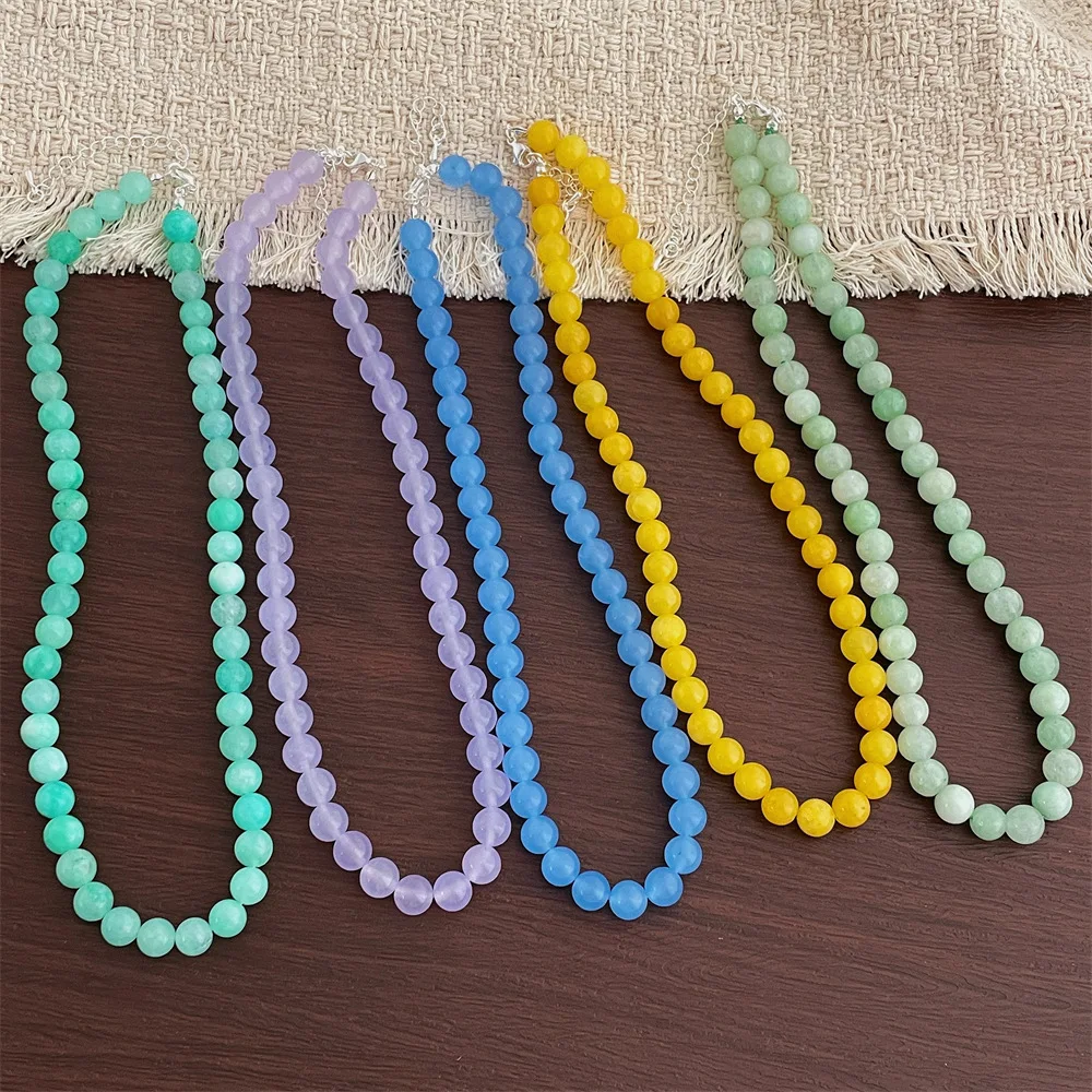 

8mm Natural Stone Beaded Necklace for Women Trendy Candy Color Chain Choker Necklace Holiday Jewelry Accessories Gift