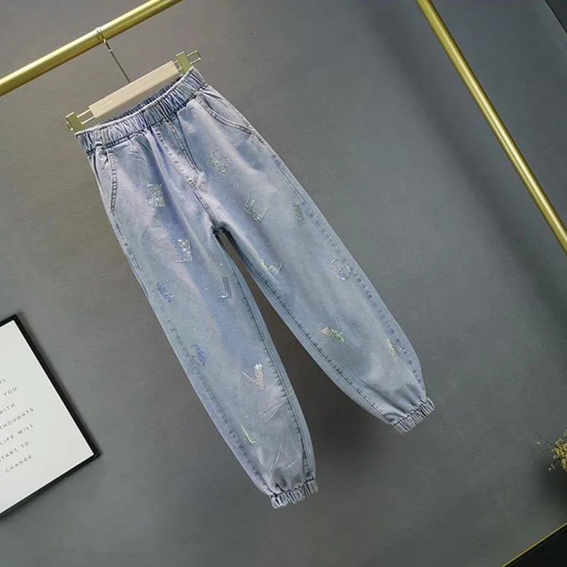 High waisted Jeans For Summer 2026 New Loose Elastic waist Hot pressed Diamond Pants Women's Casual Denim Trousers