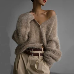 Autumn Winter Wool Knitted Sweater Cardigan Khaki Single Breasted Lazy Loose Long Sleeved V-Neck Sweater Jacket For Women