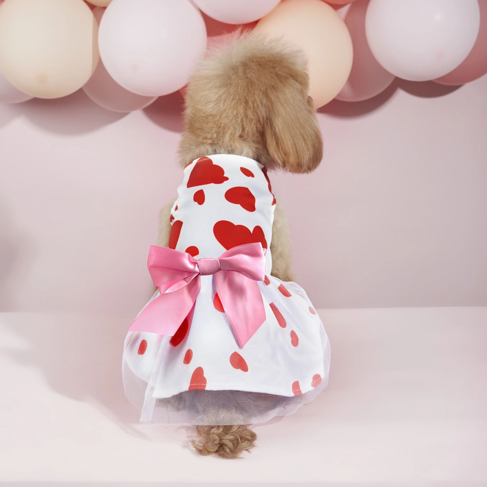 Dog Dress Girl Dog Sleeveless  Clothes  Heart Printed Pet Apparel Doggie Pink Bowknot Tulle Cat Clothing Puppy Dresses Doggy