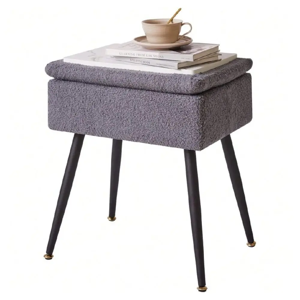 Stool Chair Teddy Velvet With Storage, Grey Ottoman With Storage, Furry Padded Stool With 4 Metal Legs, 15.7 L X 11.8 W X 18.1