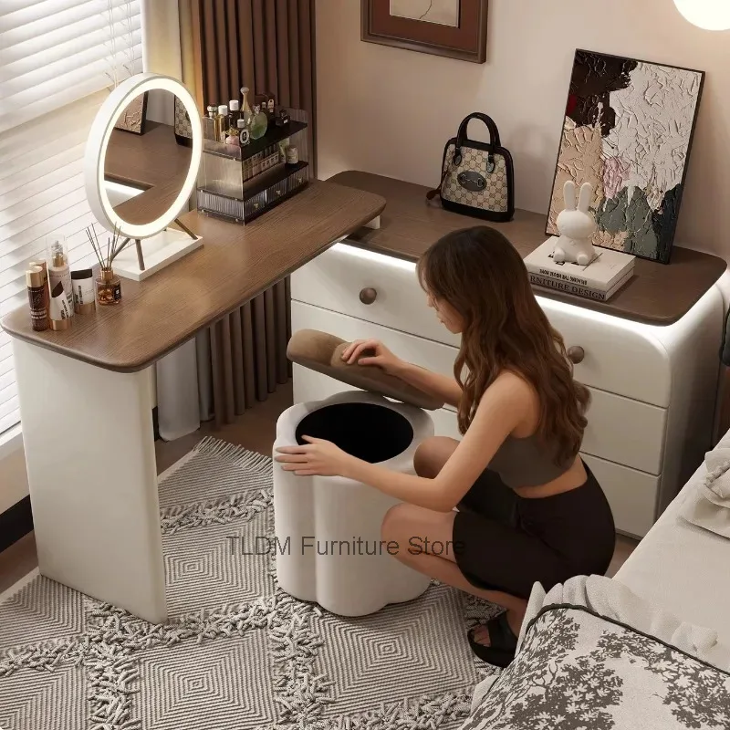 Stool Cream Style Pumpkin Ottoman Stool with Velvet Upholstery, Two-Tone Color Design, Storage Vanity for Bedroom & Living Room