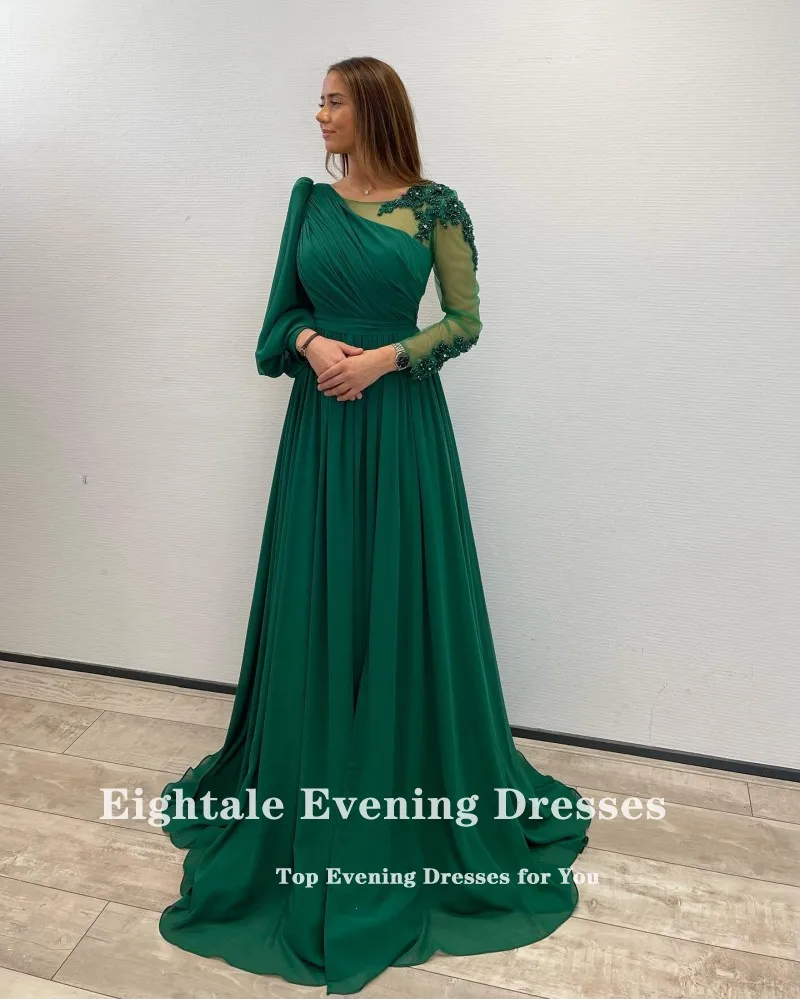 Eightale Sea Green Evening Dress for Wedding Party Chiffon Beaded Long Sleeve Arabic Appliques A-Line Prom Gowns Celebrity Dress