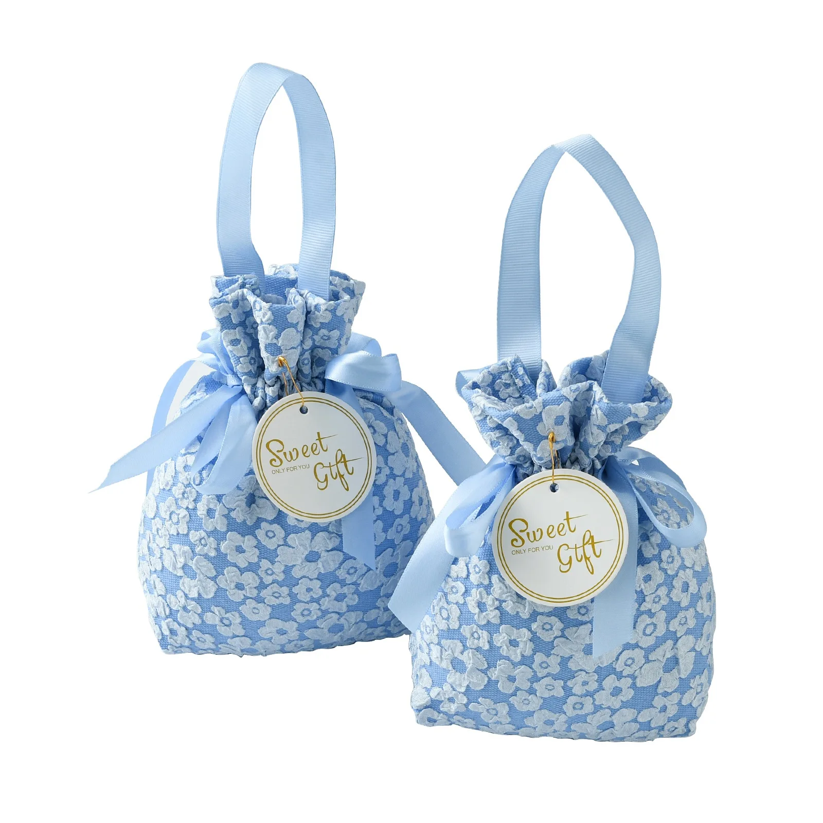 5Pcs Blue Flower Drawstring Bags Reusable Gift Bags Floral Cloth Gift Pouches for Holiday Wedding Party Favors(18x13cm)