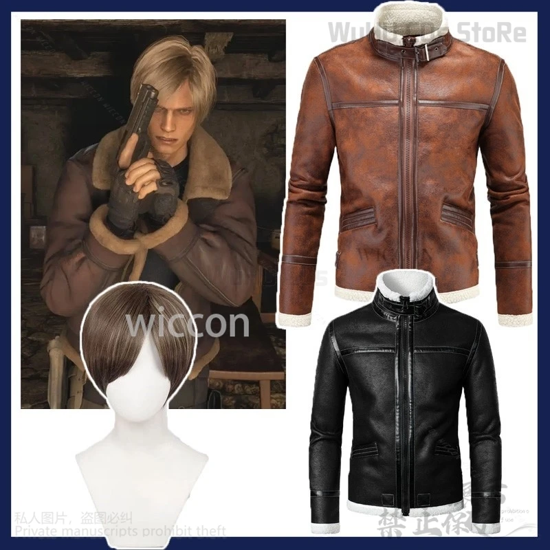 Biohazard Resident 4 Anime Game Cosplay Leon Costume Leather Winter Coat Jacket PU Brown Black With Wig For Halloween Customized