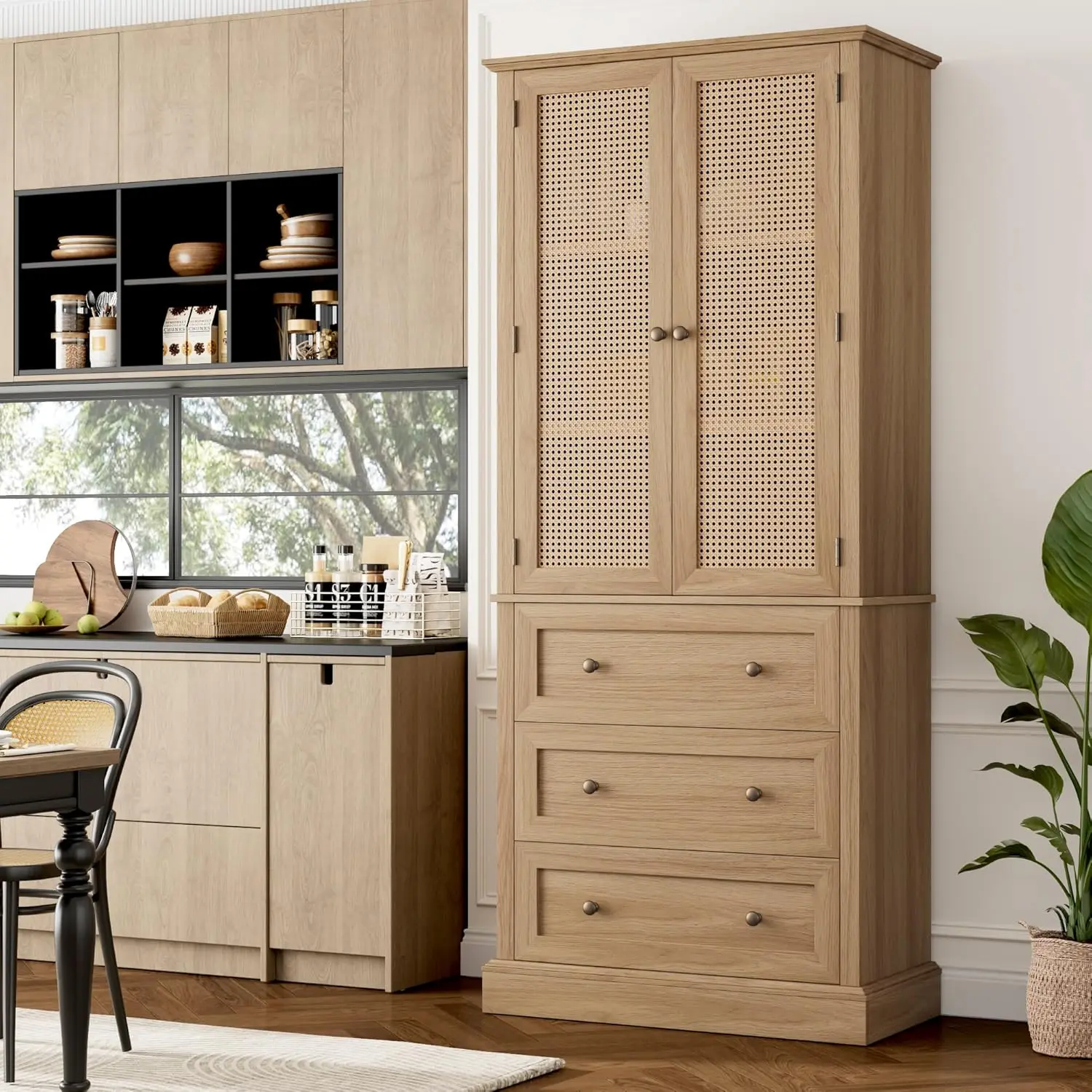 Kitchen Pantry, Rattan Doors Pantry Cabinet with 3 Drawers and Adjustable Shelf, Large Wood Storage Cabinet,