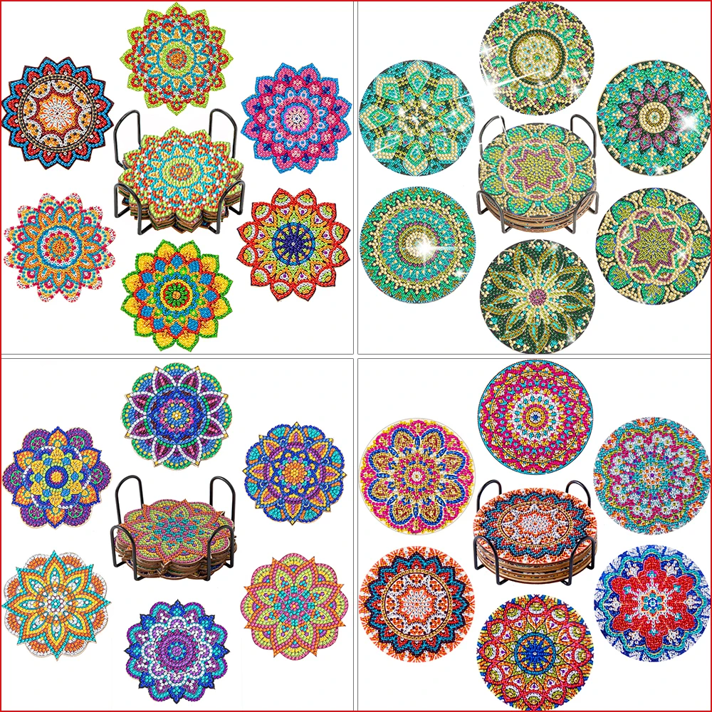 6pc/Sets Diamond Painting Coasters 5D DIY Round Diamond Mosaic Mandala Cup Coasters with Holder