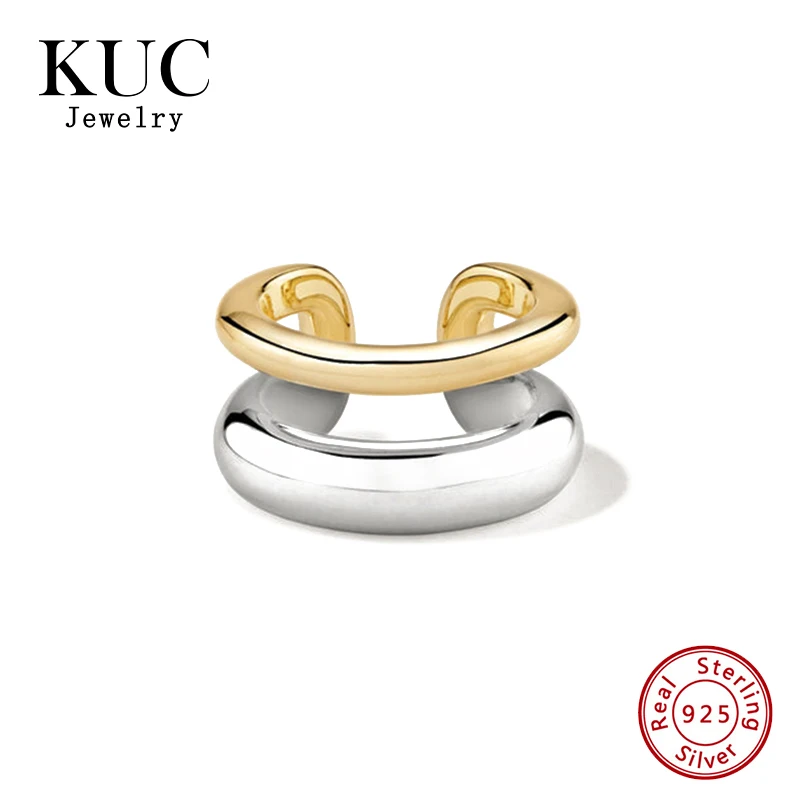 

18k Gold Plated Fine Jewelry Two Tone Ear Clip Chunky Smooth Double Layer Ear Cuff 925 Sterling Silver Earrings