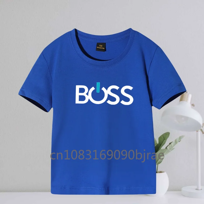 Summer Kids Concise Boss Letter Printing Boys Casual 100% Cotton Breathable T-shirt Round Neck Short Sleeve Comfy Girls Tee Tops