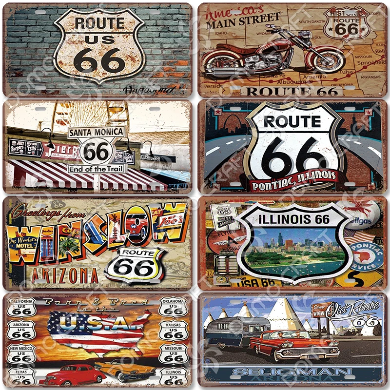 Route 66 License Plate Metal Tin Signs Vintage Motorcycle Car Metal Poster Wall Decor for Garage Bar Pub Moto Club