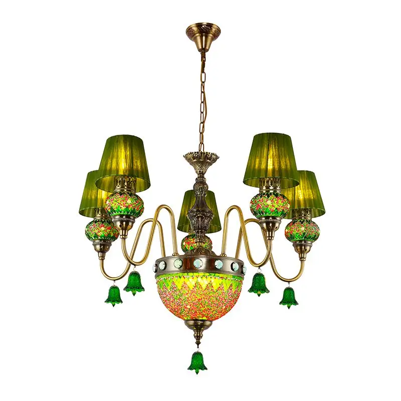 

Mediterranean Vintage Coffee Hall Chandelier Lighting Living Room Restaurant Hotel Duplex Building Handmade Glass Fabric Cover