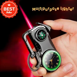 Multi-function Watch Bottle Opener Red Flame Butane Lighters Outdoor Compass Keychain Inflatable Windproof Lighter Survival Tool