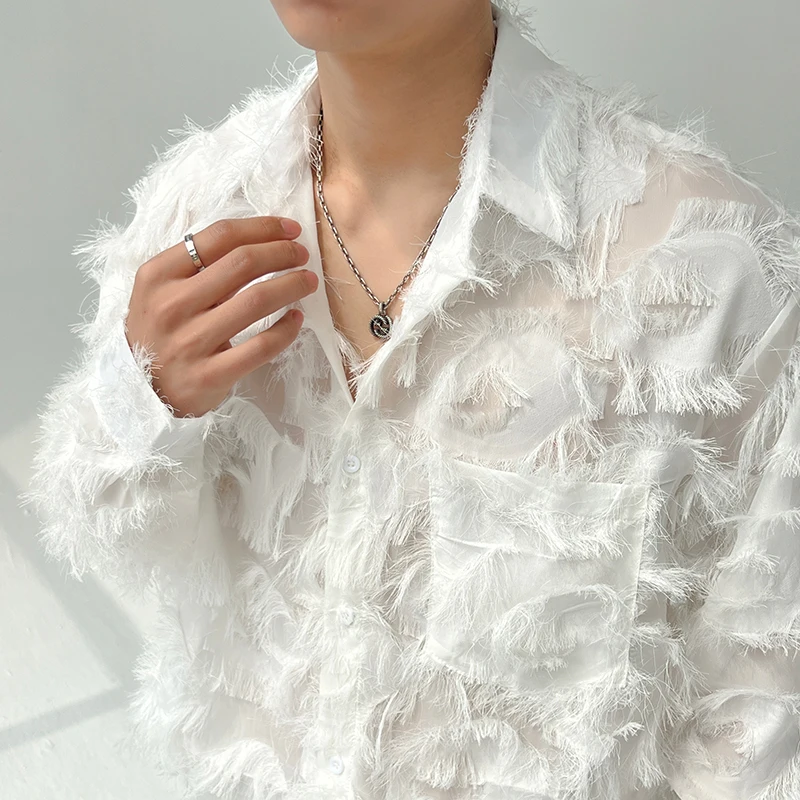 Spring Summer Sexy Retro Hollow Out Men's Shirt Loose Casual Shirt Stage Show Shirt Social Nightclub Streetwear Men Clothing