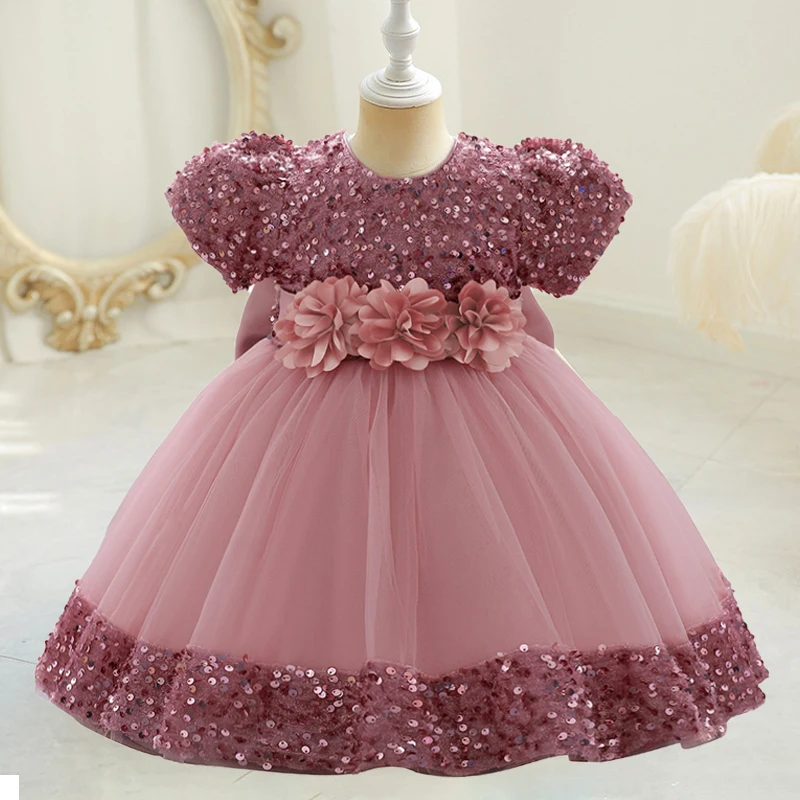 Toddler Baby Sequin Party Dresses Baptism Wedding 1 Year Birthday Bow Princess Dress For Baby Girls Lace Bridemaid Gown Vestidos