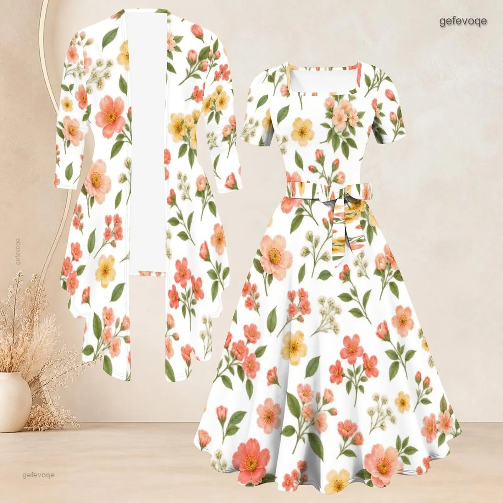Women Floral Printed Two Piece Set, 3/4 Sleeve Open Cardigan and Square Neck Short Sleeve Tie Waist Flared Dress