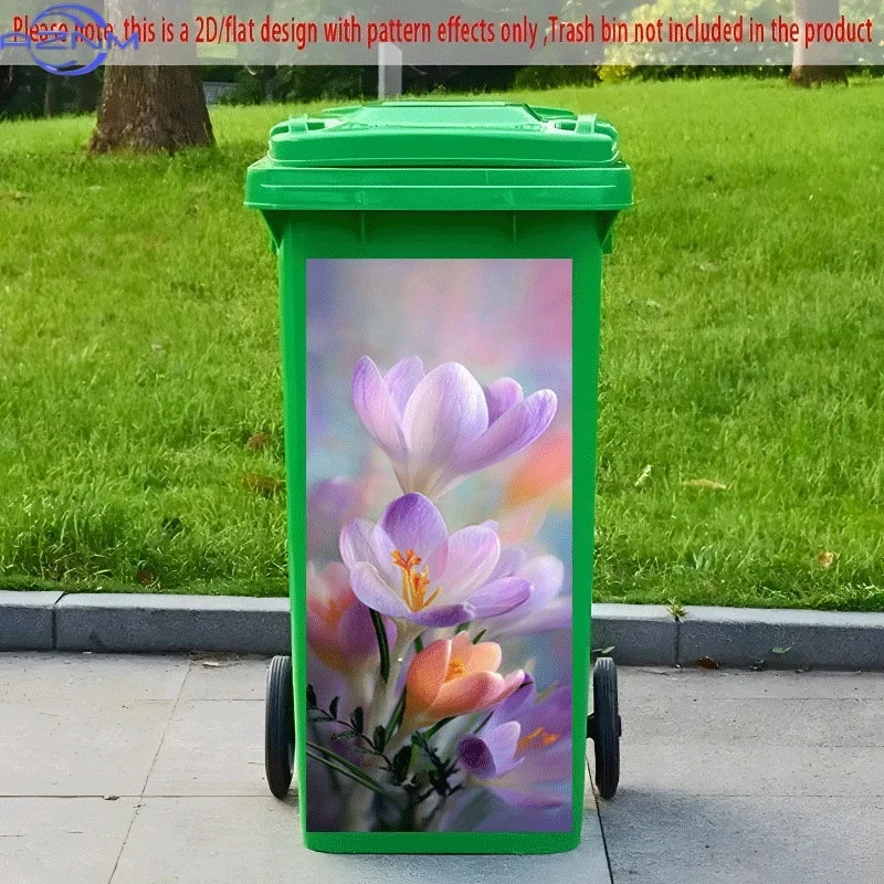 PC 2D Flat Self-Adhesive Trash Can Sticker, Spring Light Purple Crocus Decorative Sticker, Creative Trash Can Decoration, Suit