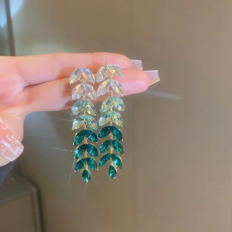 Fashion Purple Red Green Yellow Crystal Drop Earrings Leaf Dangle Earrings for Women Party Wedding Jewelry
