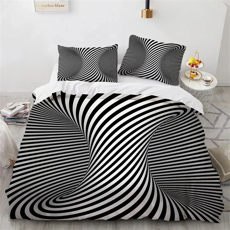 Black White Geometric Checkered Duvet Cover Twin King Microfiber Psychedelic Spiral Swirl Quilt Cover Abstract Art Bedding Set