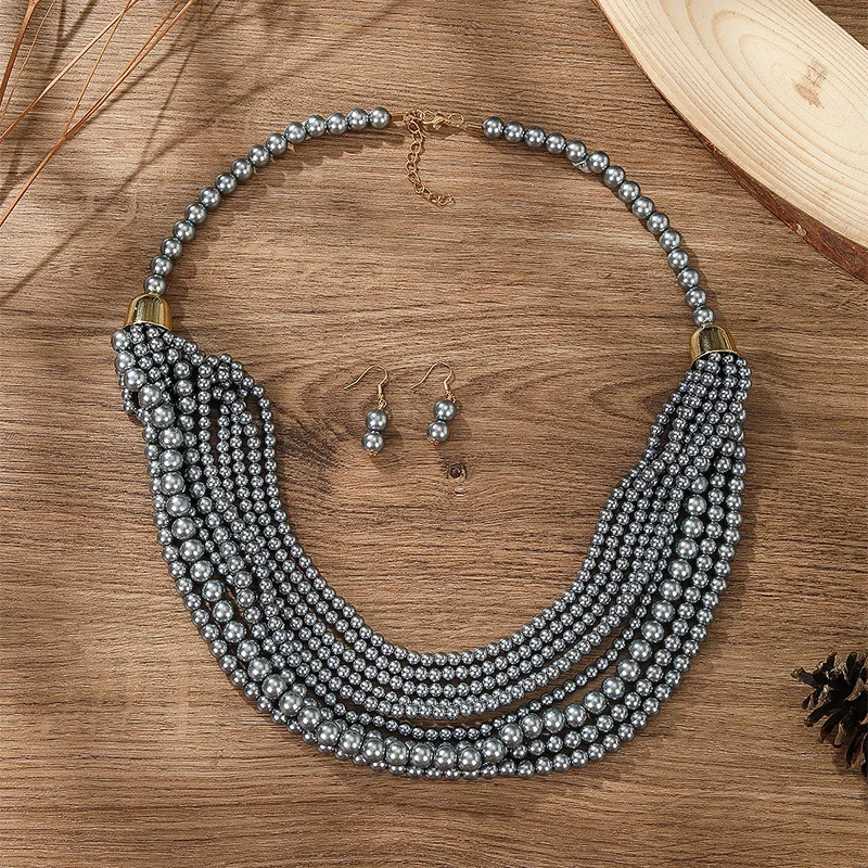 African Style Multi-Layer Plastic Bead Jewelry Set Chokers Necklace Colorful Bohemian Necklace Earrings Set Party Jewelry