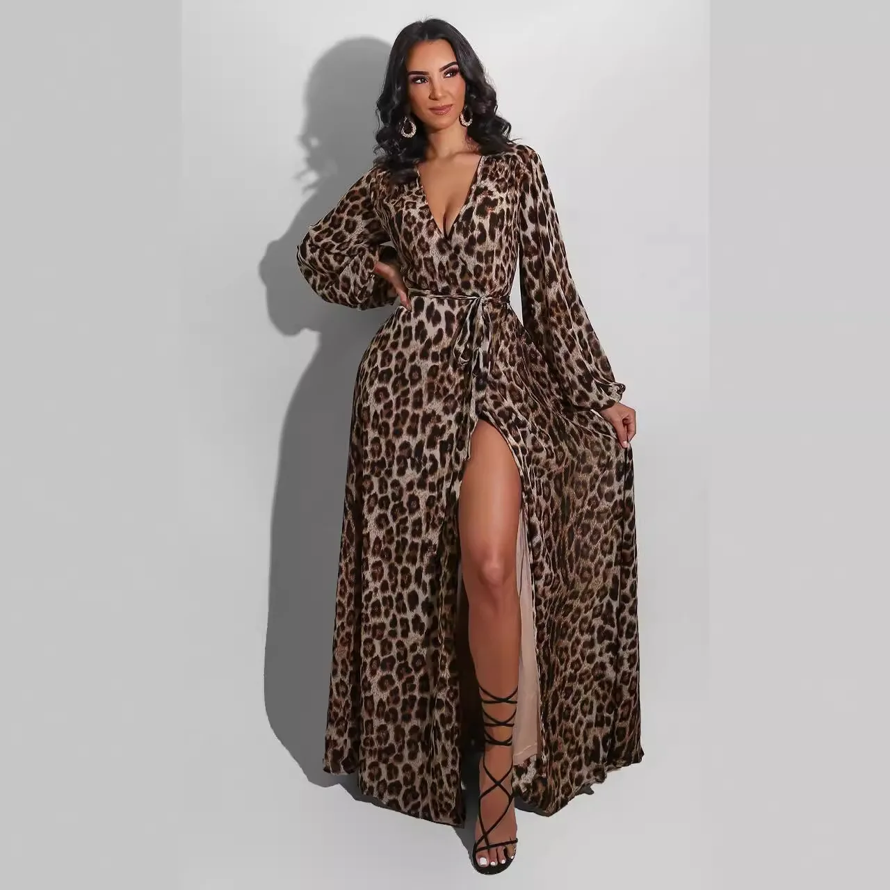 H188 European and American Cross-Border Sexy Casual Leopard Print V Neck Women\'s Long Dress Nightclub Dress