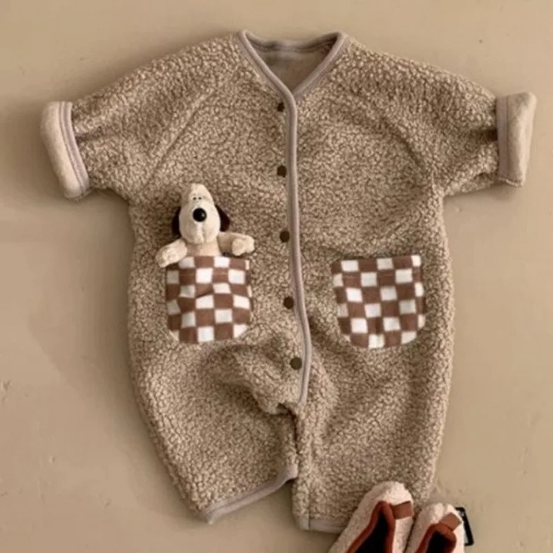 الكورية نمط الفتيات الفتيان لطيف الكرتون الزحف الملابس الكاكي المشمش الخامس الرقبة واحدة الصدر الصوف السروال القصير ملابس الطفل D2149-3 #3