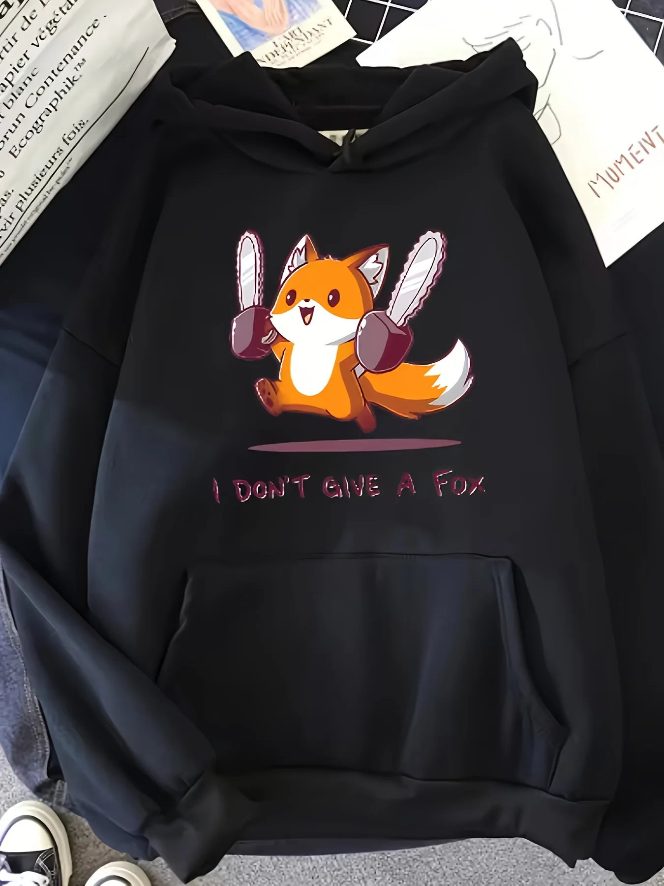 Felpa con cappuccio da uomo con stampa volpe vintage - Grafica "I Don't Give a Fox", pullover casual stile street con tasca a marsupio, grigio, morbido Pol